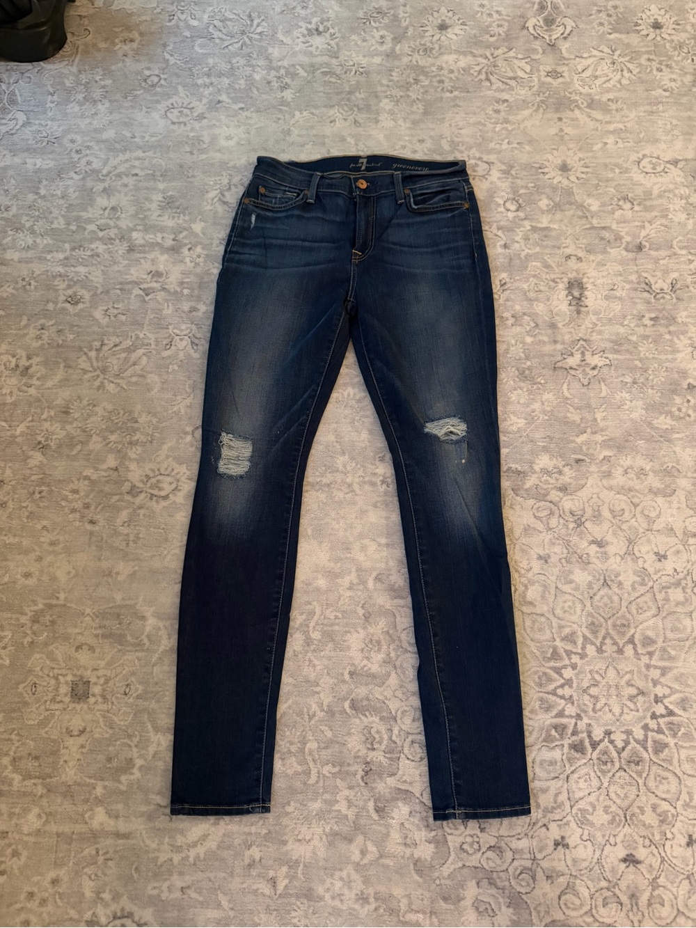 7 For All Mankind Dark Blue Skinny Jeans with Knee Distress